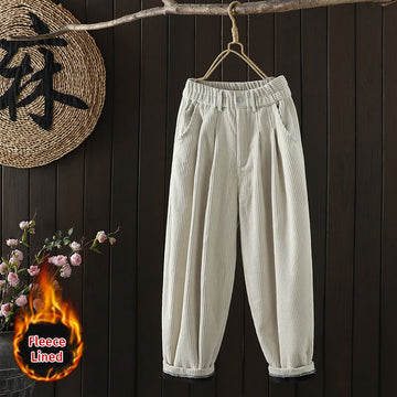 Women's Winter Plain Corduroy Cotton High Waist Fleece-Lined Harem Pants With Pockets