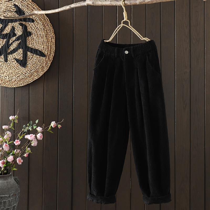 Women's Winter Plain Corduroy Cotton High Waist Fleece-Lined Harem Pants With Pockets