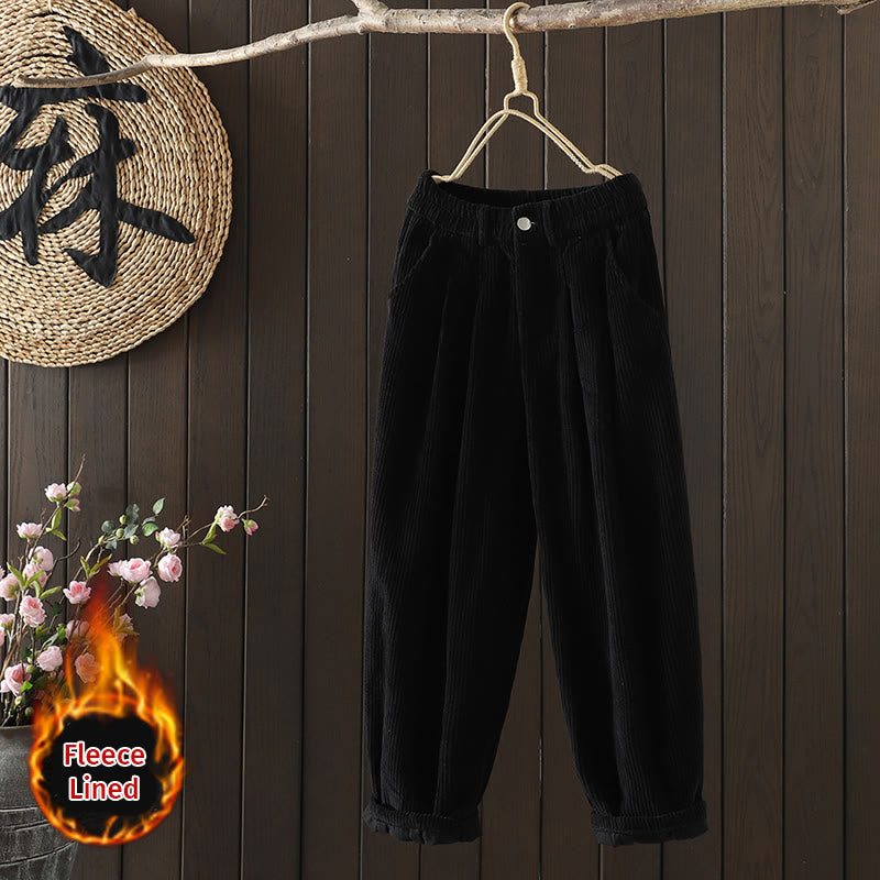 Women's Winter Plain Corduroy Cotton High Waist Fleece-Lined Harem Pants With Pockets