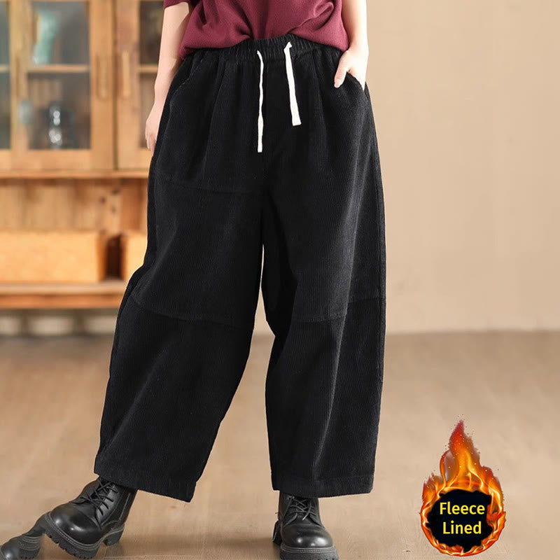 Women's Drawstring Design Cotton Corduroy Thermal Fleece-Lined Pants With Pockets