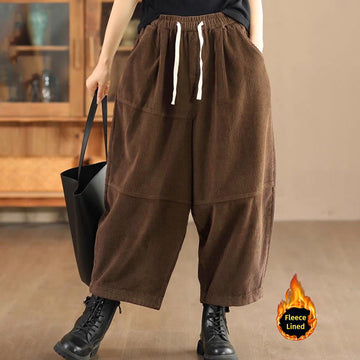 Women's Drawstring Design Cotton Corduroy Thermal Fleece-Lined Pants With Pockets