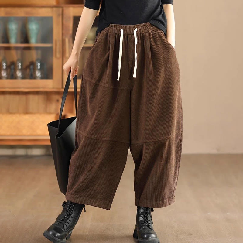 Women's Drawstring Design Cotton Corduroy Thermal Fleece-Lined Pants With Pockets