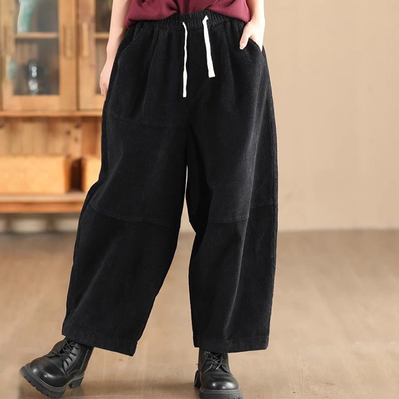 Women's Drawstring Design Cotton Corduroy Thermal Fleece-Lined Pants With Pockets