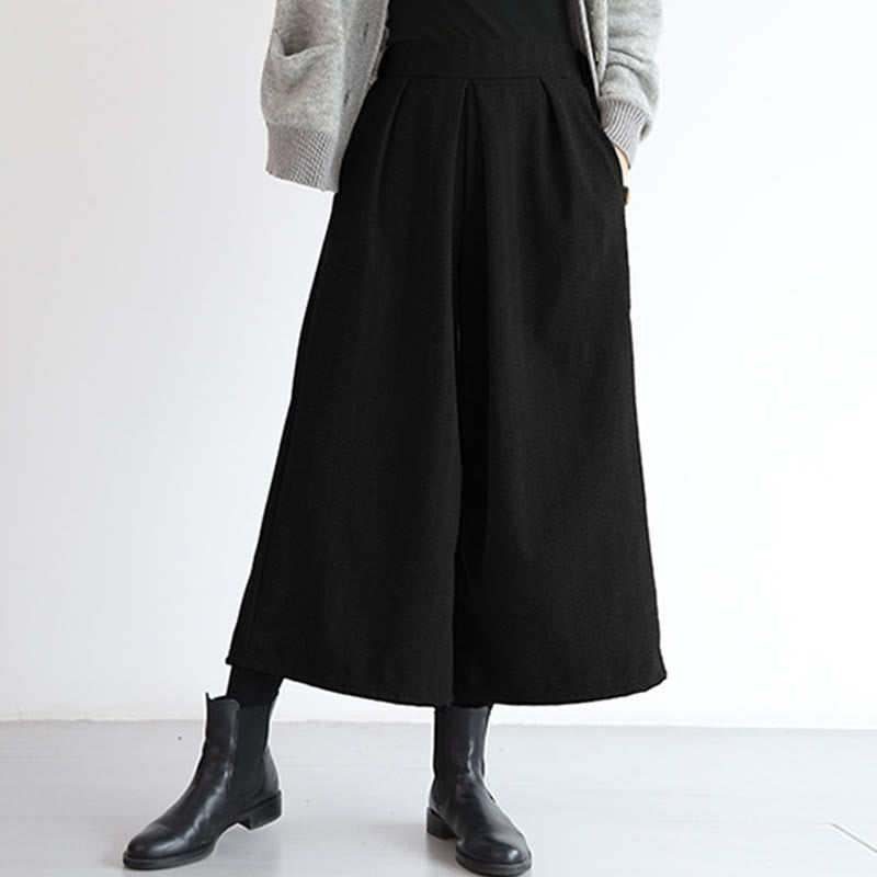 Plain Elastic Waistband Design Women's 7-8 Length Wide Leg Pants With Pockets