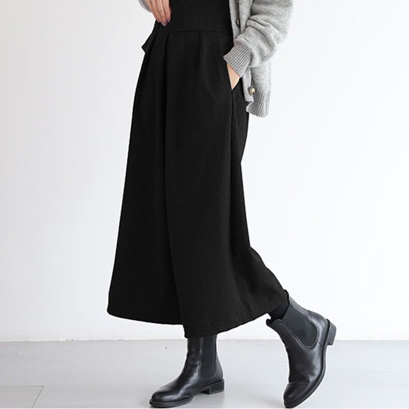 Plain Elastic Waistband Design Women's 7-8 Length Wide Leg Pants With Pockets