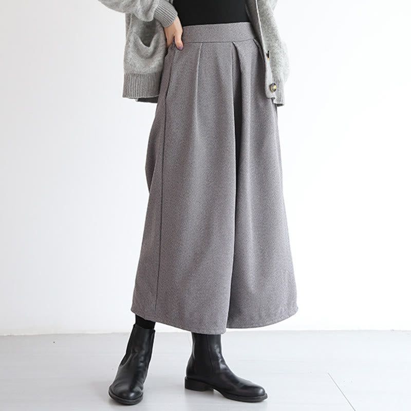 Plain Elastic Waistband Design Women's 7-8 Length Wide Leg Pants With Pockets