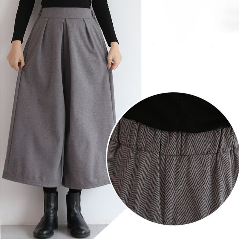 Plain Elastic Waistband Design Women's 7-8 Length Wide Leg Pants With Pockets