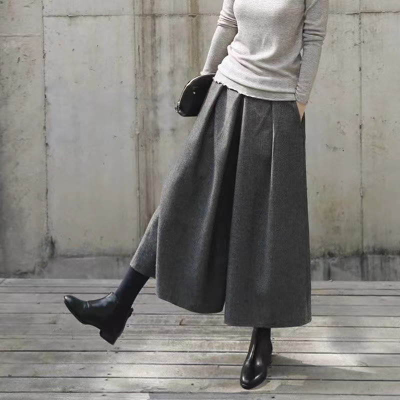 Plain Elastic Waistband Design Women's 7-8 Length Wide Leg Pants With Pockets
