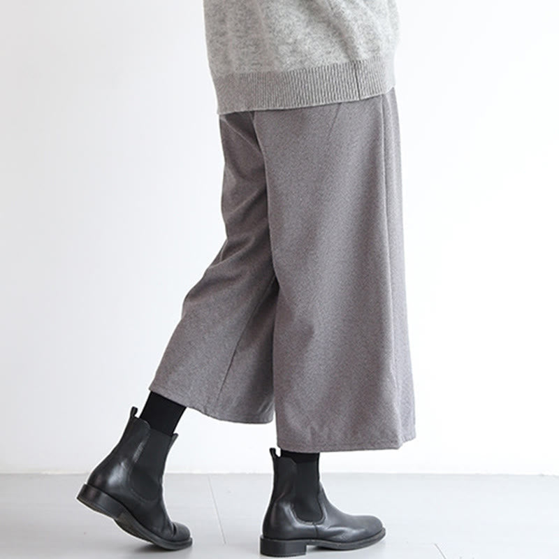 Plain Elastic Waistband Design Women's 7-8 Length Wide Leg Pants With Pockets