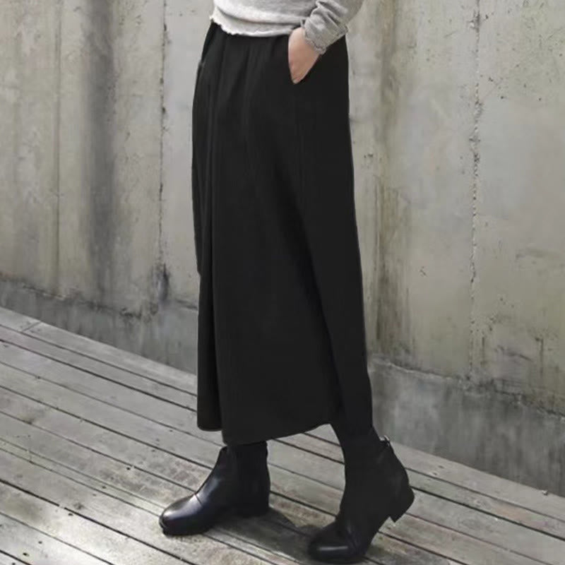 Plain Elastic Waistband Design Women's 7-8 Length Wide Leg Pants With Pockets