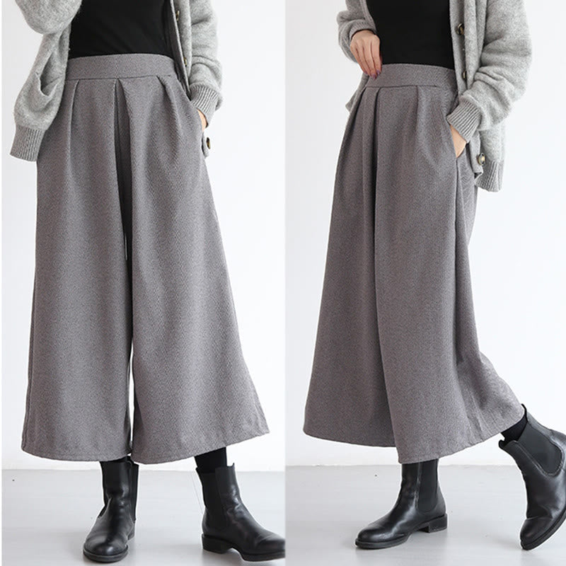 Plain Elastic Waistband Design Women's 7-8 Length Wide Leg Pants With Pockets