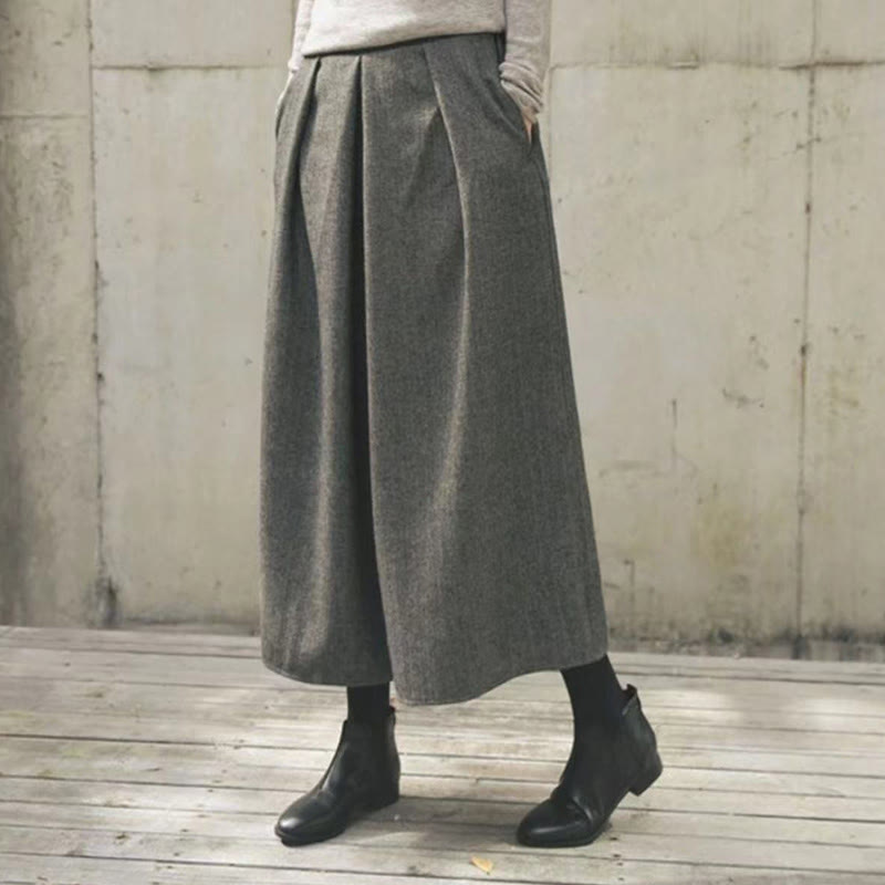 Plain Elastic Waistband Design Women's 7-8 Length Wide Leg Pants With Pockets