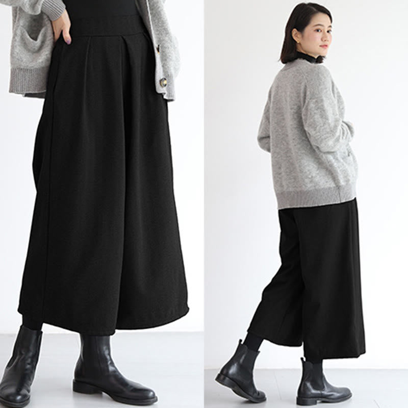 Plain Elastic Waistband Design Women's 7-8 Length Wide Leg Pants With Pockets