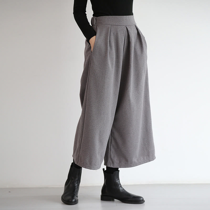 Plain Elastic Waistband Design Women's 7-8 Length Wide Leg Pants With Pockets