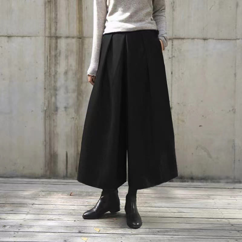 Plain Elastic Waistband Design Women's 7-8 Length Wide Leg Pants With Pockets