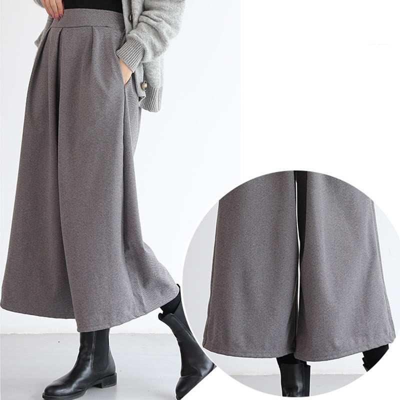Plain Elastic Waistband Design Women's 7-8 Length Wide Leg Pants With Pockets