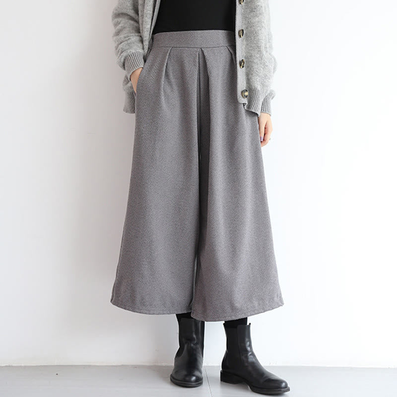 Plain Elastic Waistband Design Women's 7-8 Length Wide Leg Pants With Pockets