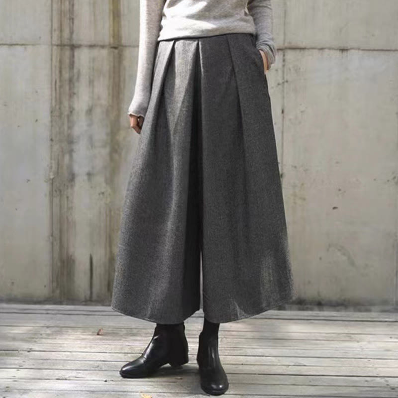 Plain Elastic Waistband Design Women's 7-8 Length Wide Leg Pants With Pockets