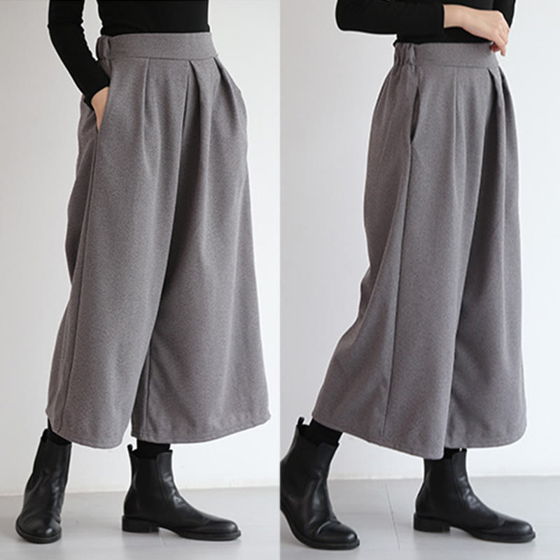 Plain Elastic Waistband Design Women's 7-8 Length Wide Leg Pants With Pockets