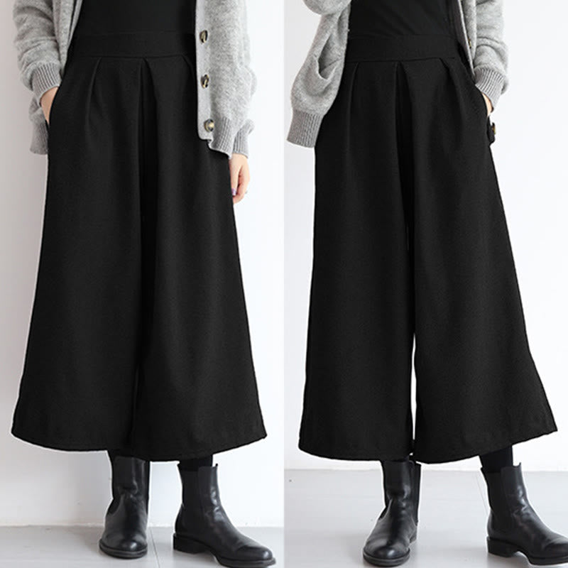 Plain Elastic Waistband Design Women's 7-8 Length Wide Leg Pants With Pockets