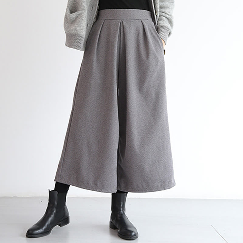 Plain Elastic Waistband Design Women's 7-8 Length Wide Leg Pants With Pockets