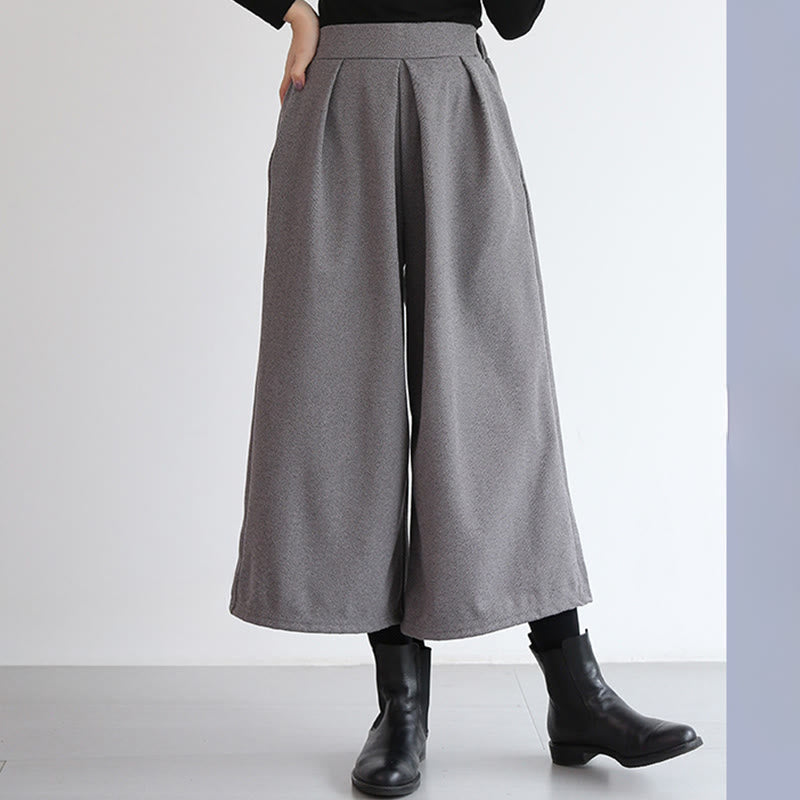 Plain Elastic Waistband Design Women's 7-8 Length Wide Leg Pants With Pockets