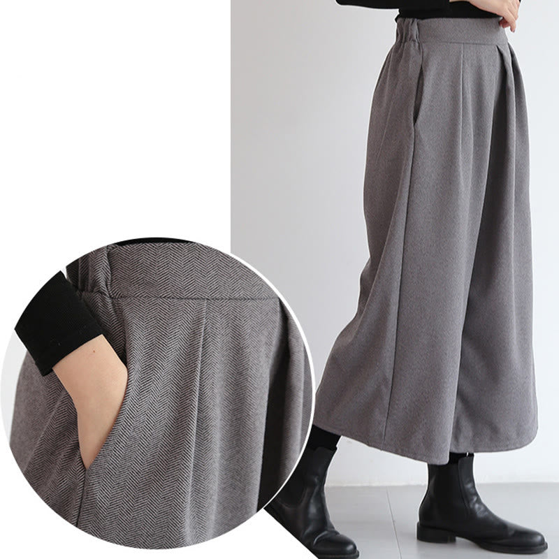 Plain Elastic Waistband Design Women's 7-8 Length Wide Leg Pants With Pockets