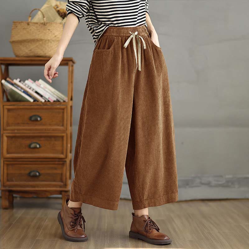 Women's Color Contrast Drawstring Design Corduroy Pants With Pockets