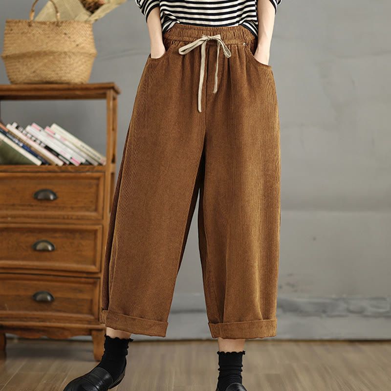 Women's Color Contrast Drawstring Design Corduroy Pants With Pockets