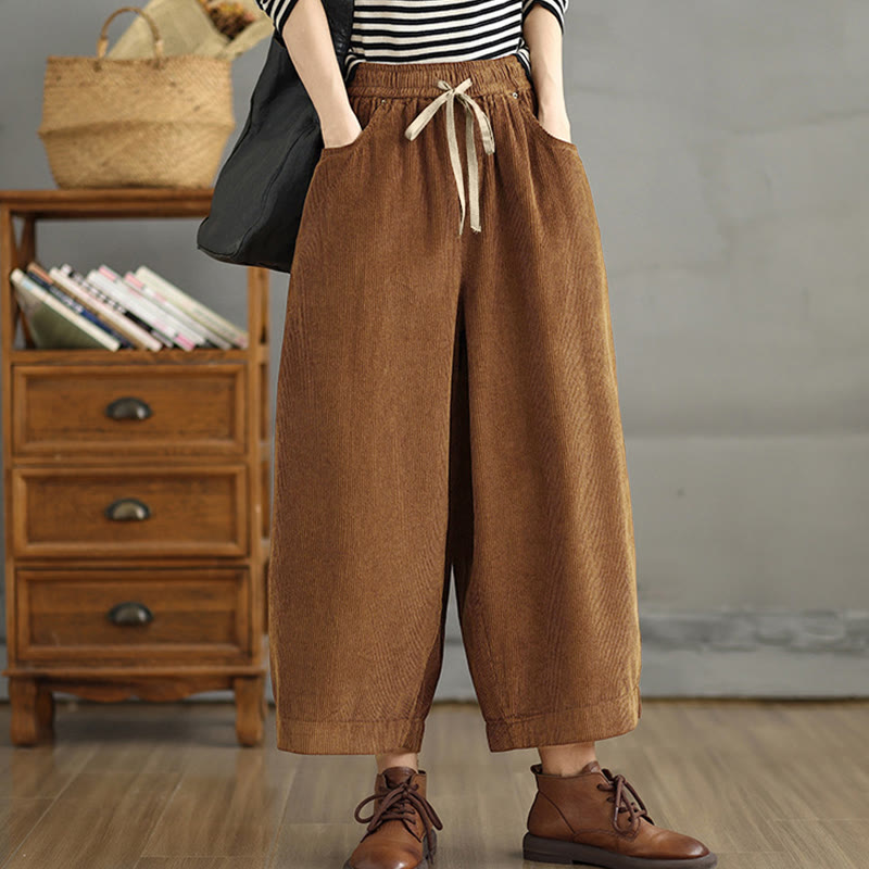 Women's Color Contrast Drawstring Design Corduroy Pants With Pockets