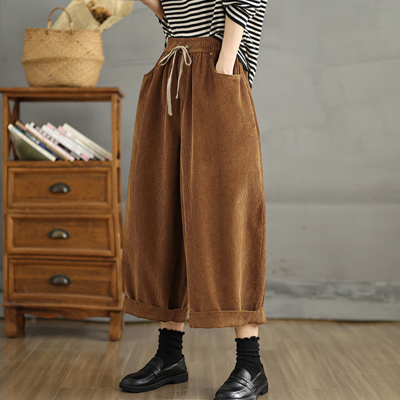 Women's Color Contrast Drawstring Design Corduroy Pants With Pockets