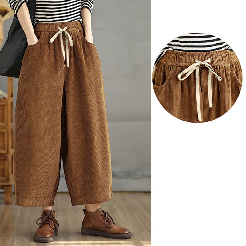 Women's Color Contrast Drawstring Design Corduroy Pants With Pockets