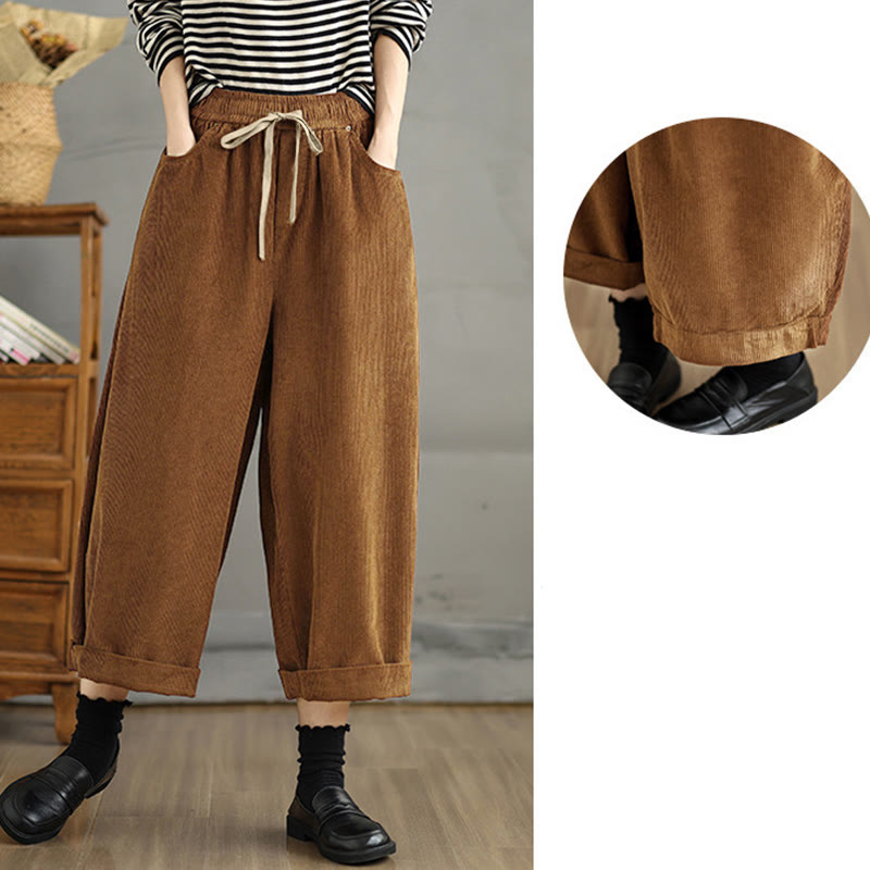 Women's Color Contrast Drawstring Design Corduroy Pants With Pockets