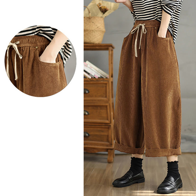 Women's Color Contrast Drawstring Design Corduroy Pants With Pockets