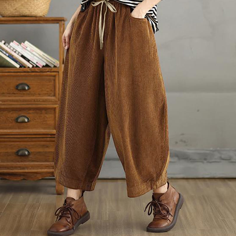 Women's Color Contrast Drawstring Design Corduroy Pants With Pockets