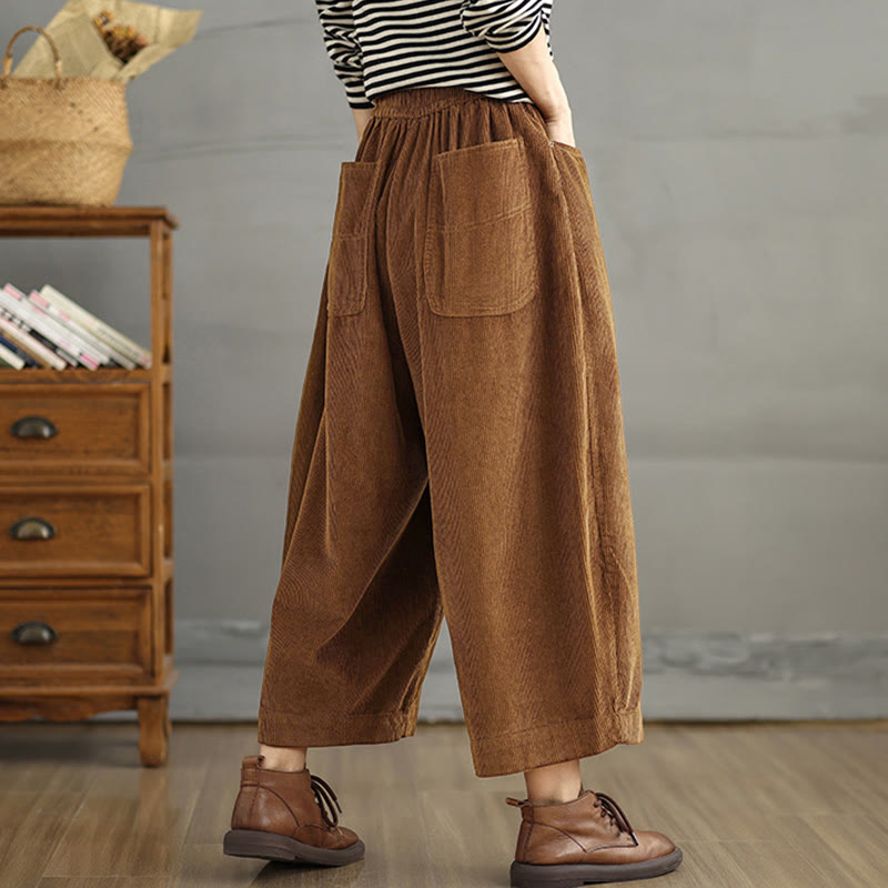Women's Color Contrast Drawstring Design Corduroy Pants With Pockets