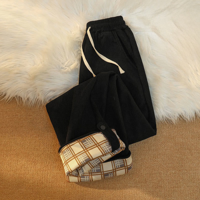 Women's Patchwork Cotton Corduroy Fleece-Lined Wide Leg Pants With Pockets