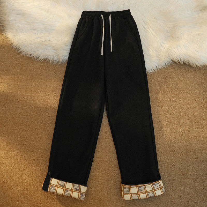 Women's Patchwork Cotton Corduroy Fleece-Lined Wide Leg Pants With Pockets
