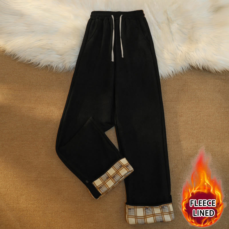 Women's Patchwork Cotton Corduroy Fleece-Lined Wide Leg Pants With Pockets