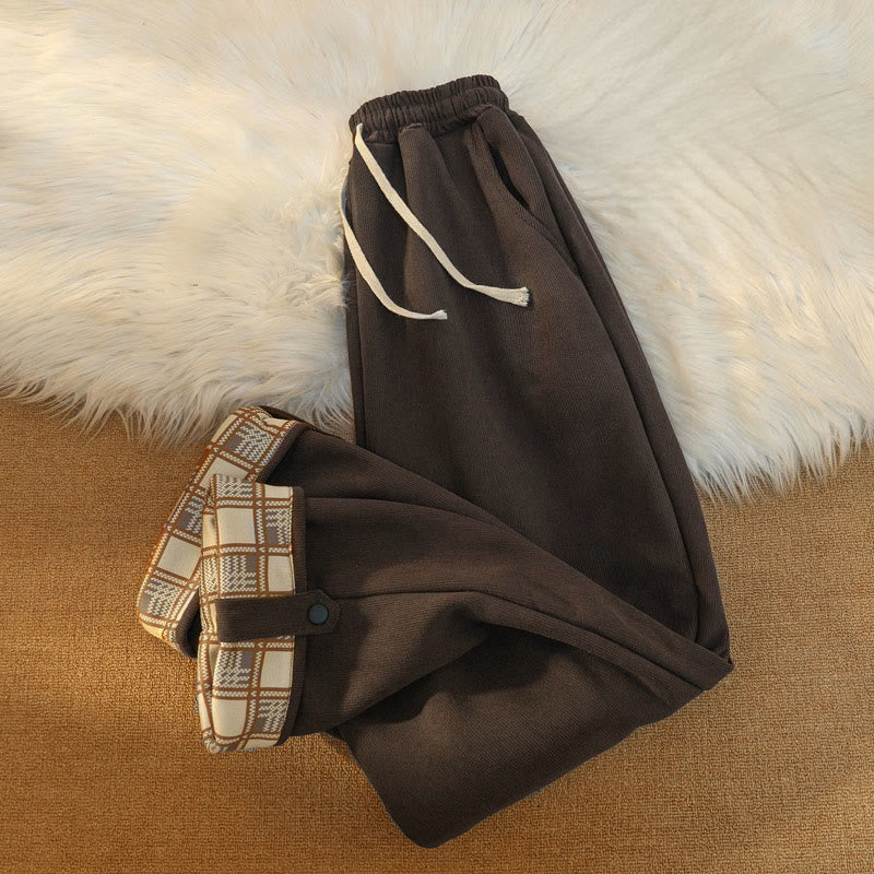 Women's Patchwork Cotton Corduroy Fleece-Lined Wide Leg Pants With Pockets