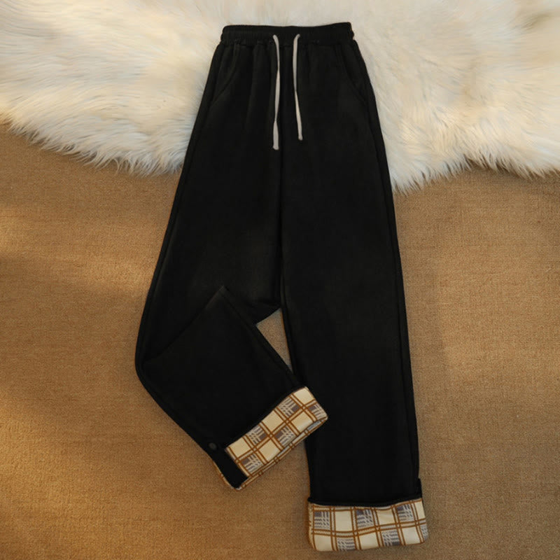Women's Patchwork Cotton Corduroy Fleece-Lined Wide Leg Pants With Pockets
