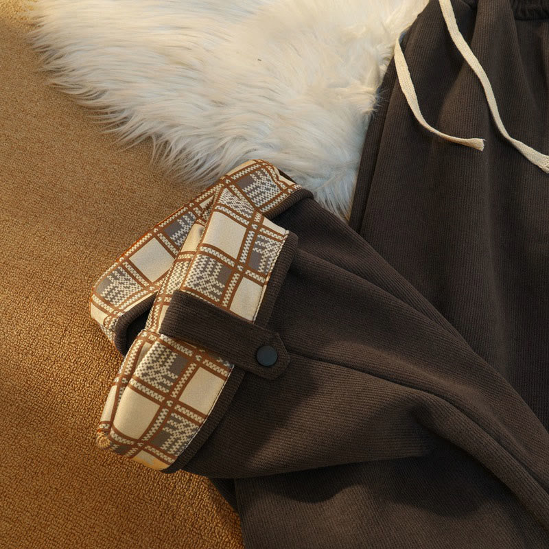 Women's Patchwork Cotton Corduroy Fleece-Lined Wide Leg Pants With Pockets