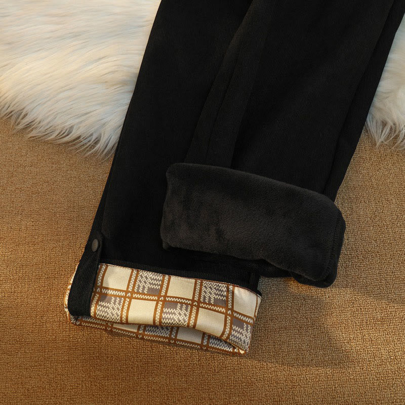 Women's Patchwork Cotton Corduroy Fleece-Lined Wide Leg Pants With Pockets