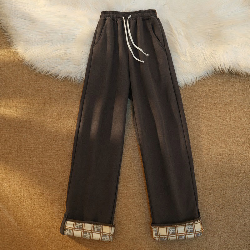 Women's Patchwork Cotton Corduroy Fleece-Lined Wide Leg Pants With Pockets