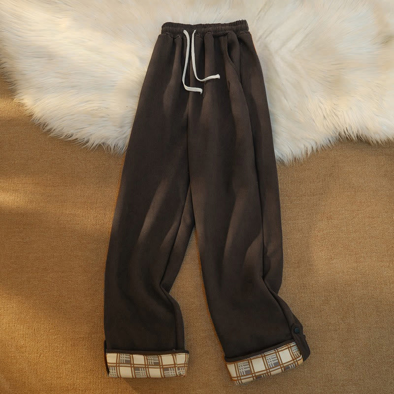 Women's Patchwork Cotton Corduroy Fleece-Lined Wide Leg Pants With Pockets