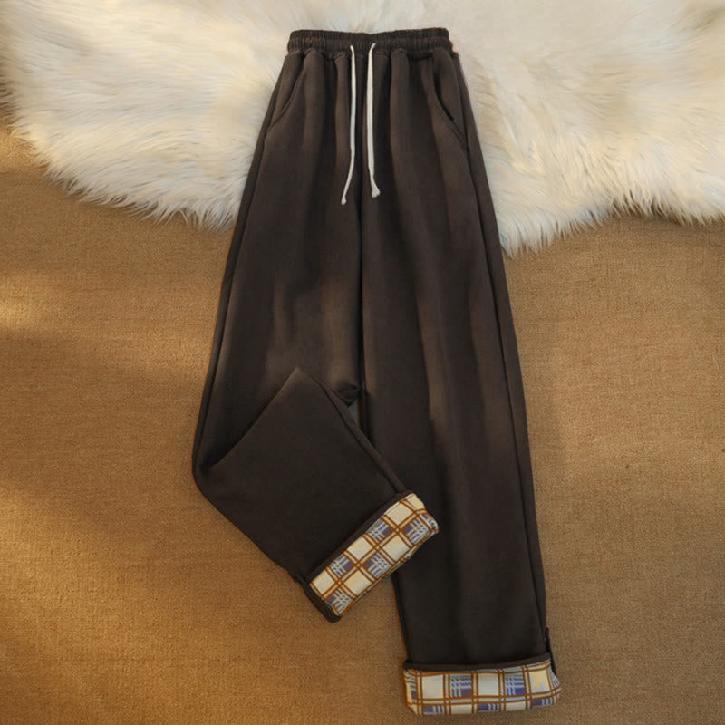 Women's Patchwork Cotton Corduroy Fleece-Lined Wide Leg Pants With Pockets