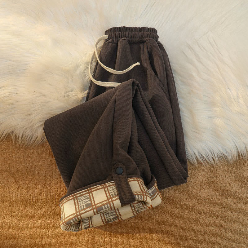 Women's Patchwork Cotton Corduroy Fleece-Lined Wide Leg Pants With Pockets