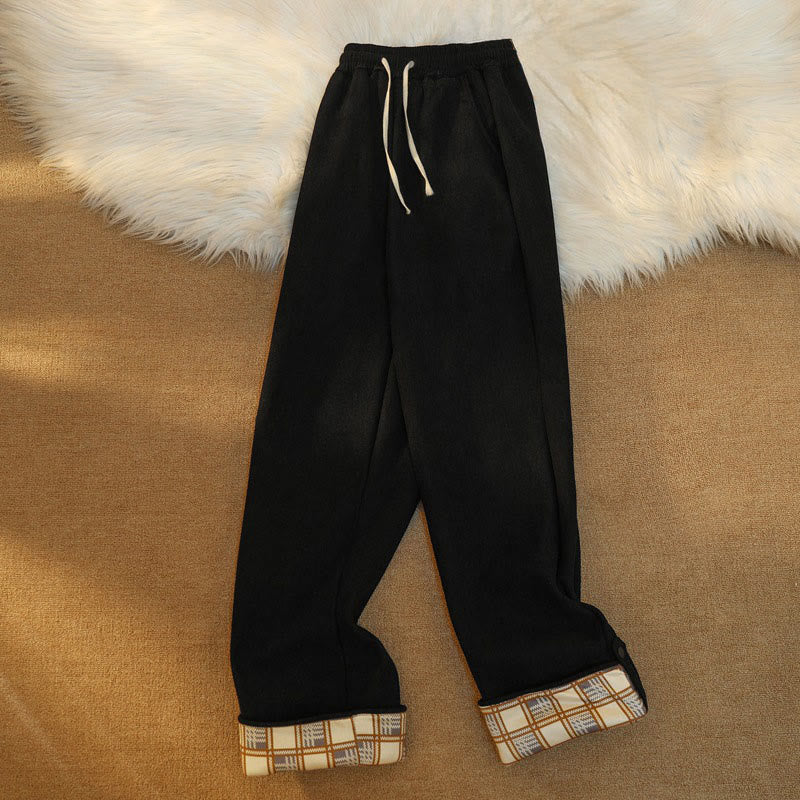Women's Patchwork Cotton Corduroy Fleece-Lined Wide Leg Pants With Pockets