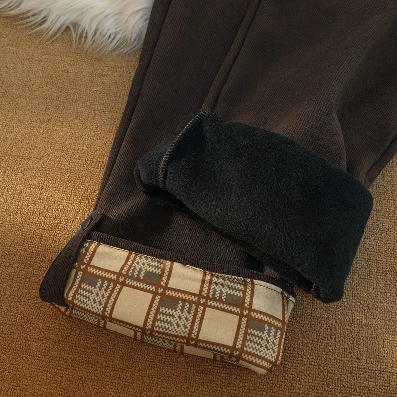 Women's Patchwork Cotton Corduroy Fleece-Lined Wide Leg Pants With Pockets