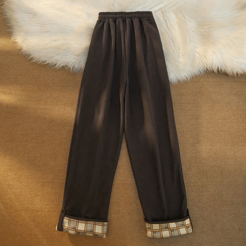 Women's Patchwork Cotton Corduroy Fleece-Lined Wide Leg Pants With Pockets